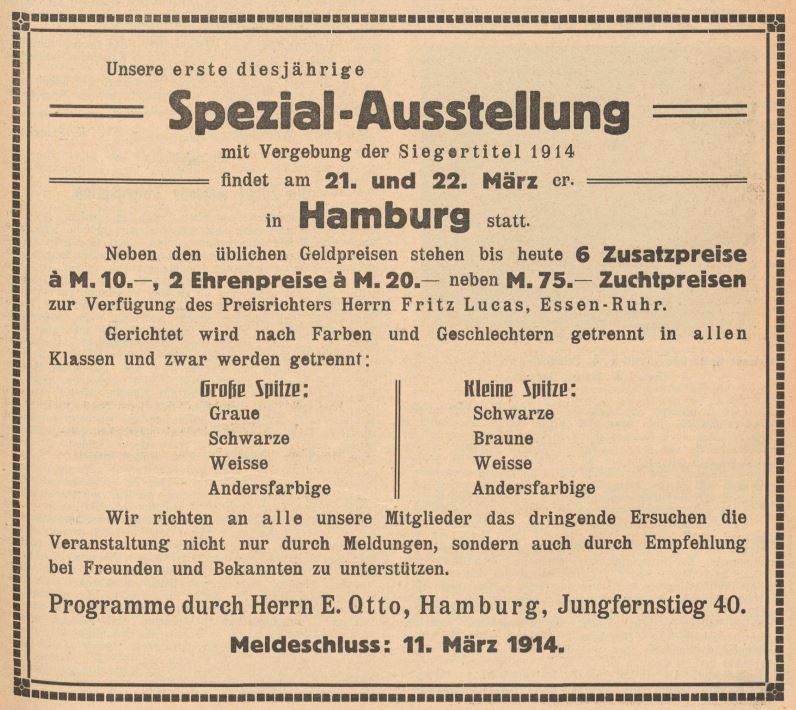 Historische Ausstellungsanzeige von 1914 mit andersfarbigen Großspitzen