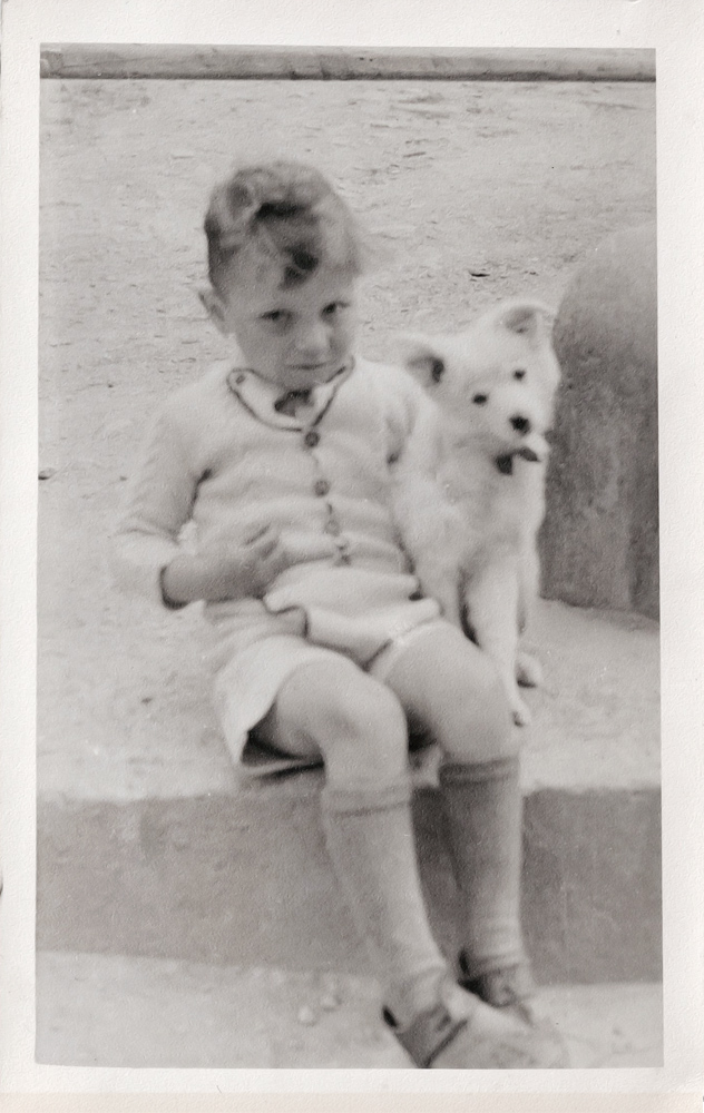Junge mit Spitzwelpe im Juli 1949